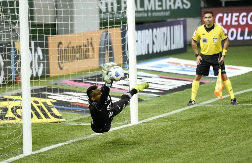 Goleiro do CRB, Diogo Silva defende a cobrança de Marcos Rocha, do Palmeiras, em 2021 — Foto: Marcos Ribolli