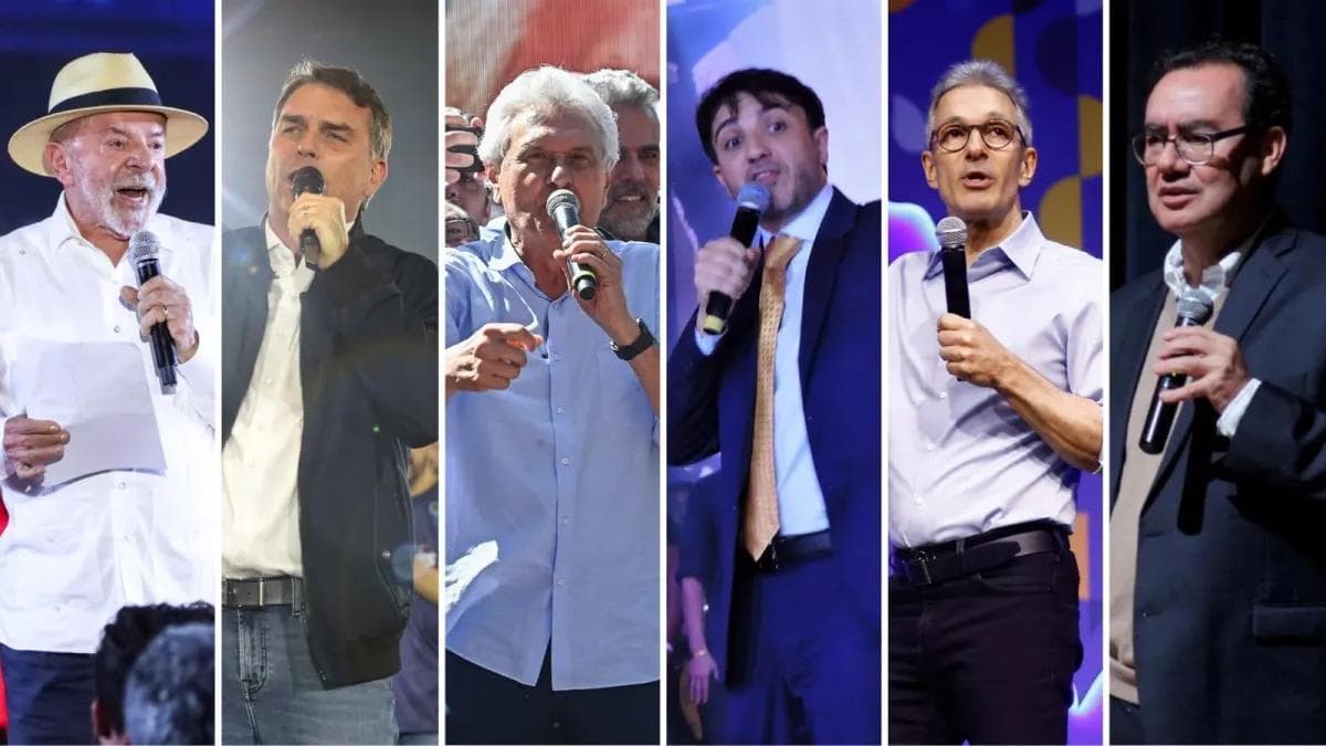 Lula, Flávio Bolsonaro, Ronaldo Caiado, Renan Santos, Romeu Zema e Augusto Cury • Reprodução