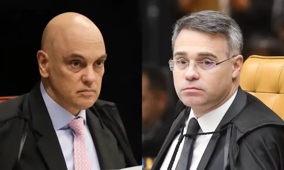 Na imagem, ministros do STF: Alexandre de Moraes (dir.) e André Mendonça — Foto: Fotos de: Fabio Rodrigues-Pozzebom da Agência Brasil e Carlos Moura do STF