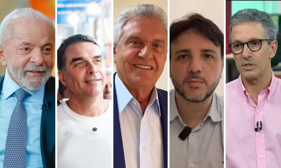 Luiz Inácio Lula da Silva (PT), Flávio Bolsonaro (PL), Ronaldo Caiado (PSD), Renan Santos (Missão) e Romeu Zema (Novo) — Foto: Reprodução