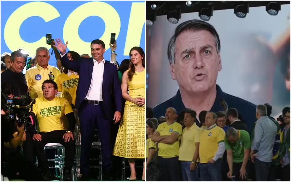 Flávio Bolsonaro discursa; vídeo de Bolsonaro feito de IA é exibido — Foto: Reuters; Reprodução/YouTube