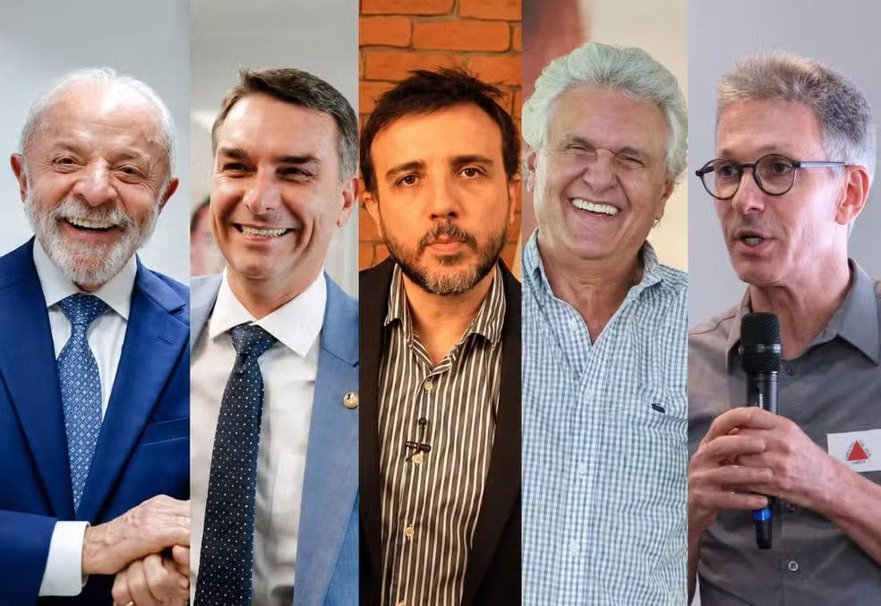 Lula, Flávio Bolsonaro, Renan Santos, Caiado e Zema — Foto: Divulgação e reprodução